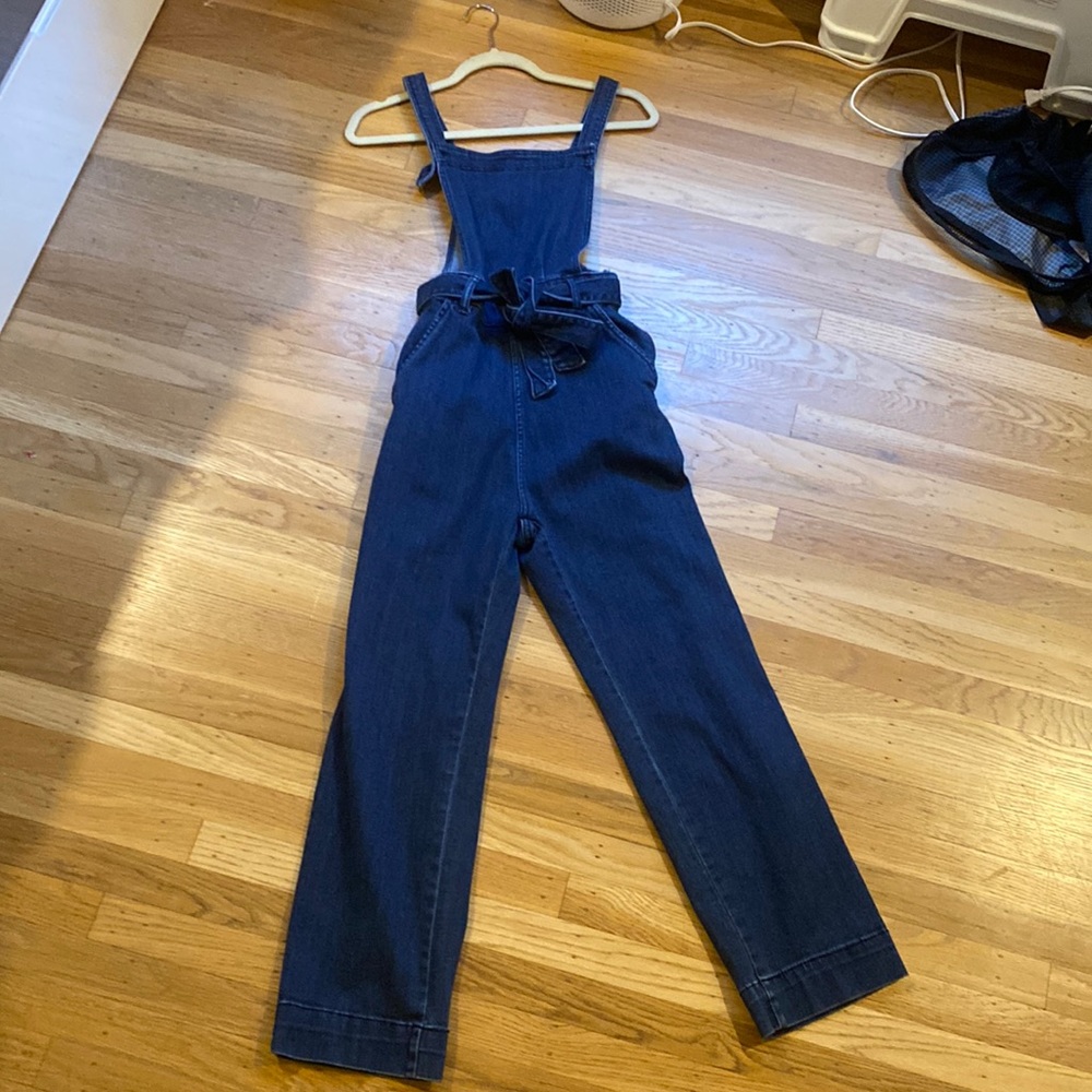 Denim overalls with waist tie and adjustable straps